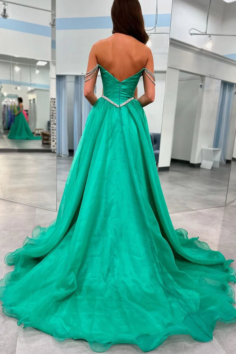 Pretty Ball Gown Green Tulle Strapless Beaded Long Prom Dresses With Slit Hot Sale Evening Dresses for Women