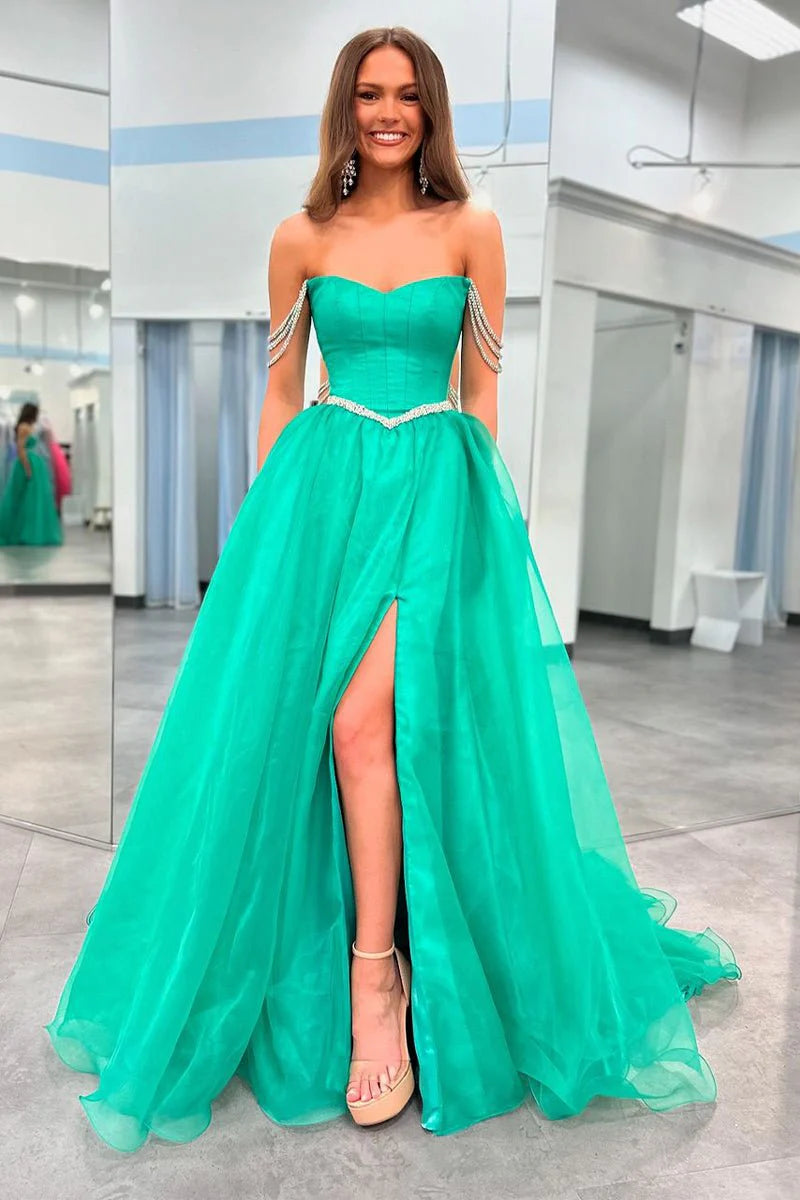 Pretty Ball Gown Green Tulle Strapless Beaded Long Prom Dresses With Slit Hot Sale Evening Dresses for Women