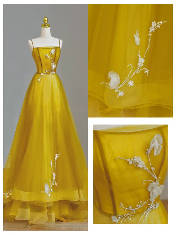 Pretty Ball Gown Yellow Tulle Spaghetti Straps Long Prom Dress Discount Long Party Dresses Graduation Dresses With Beaded