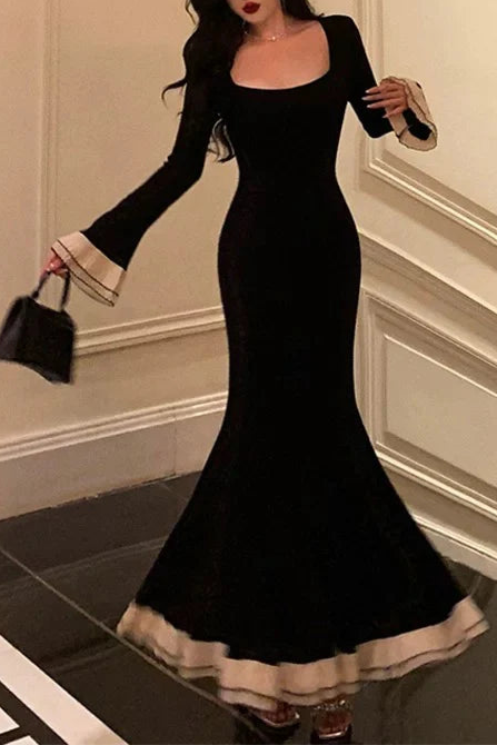 Pretty Black Mermaid Square Neckline Long Sleeves Prom Dresses Birthday Outfits Evening Gowns