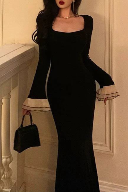 Pretty Black Mermaid Square Neckline Long Sleeves Prom Dresses Birthday Outfits Evening Gowns