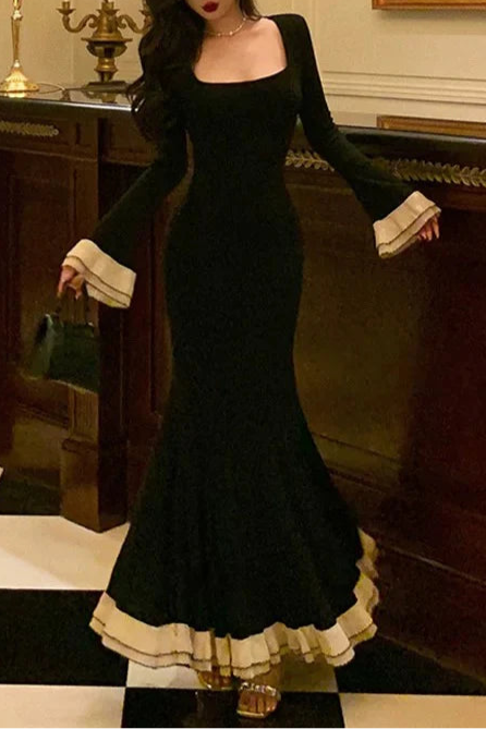 Pretty Black Mermaid Square Neckline Long Sleeves Prom Dresses Birthday Outfits Evening Gowns