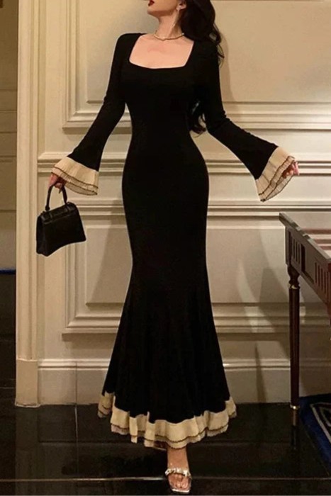 Pretty Black Mermaid Square Neckline Long Sleeves Prom Dresses Birthday Outfits Evening Gowns