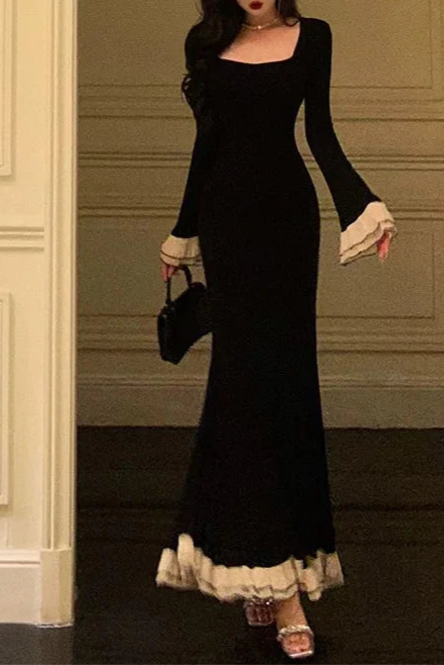 Pretty Black Mermaid Square Neckline Long Sleeves Prom Dresses Birthday Outfits Evening Gowns