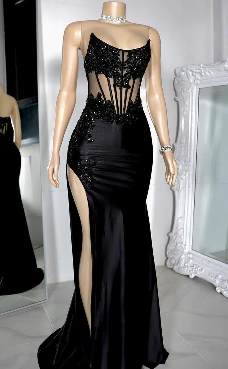 Pretty Black Satin Lace Strapless Mermaid Bodycon Slit Long Prom Dress Hot Sale Party Dresses For Women