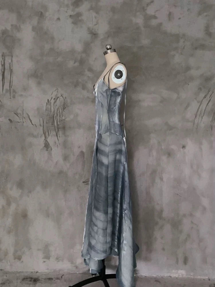 Pretty Blue A line Spaghetti Straps Long Evening Dress Prom Dress With Asymmetrical Hem