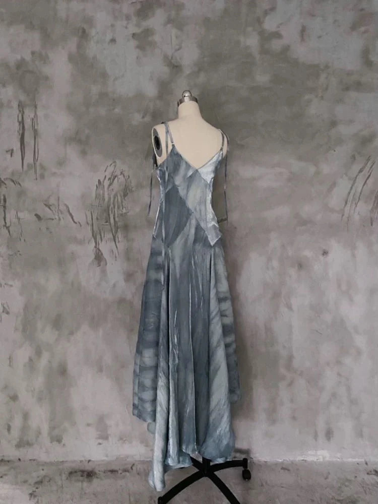 Pretty Blue A line Spaghetti Straps Long Evening Dress Prom Dress With Asymmetrical Hem