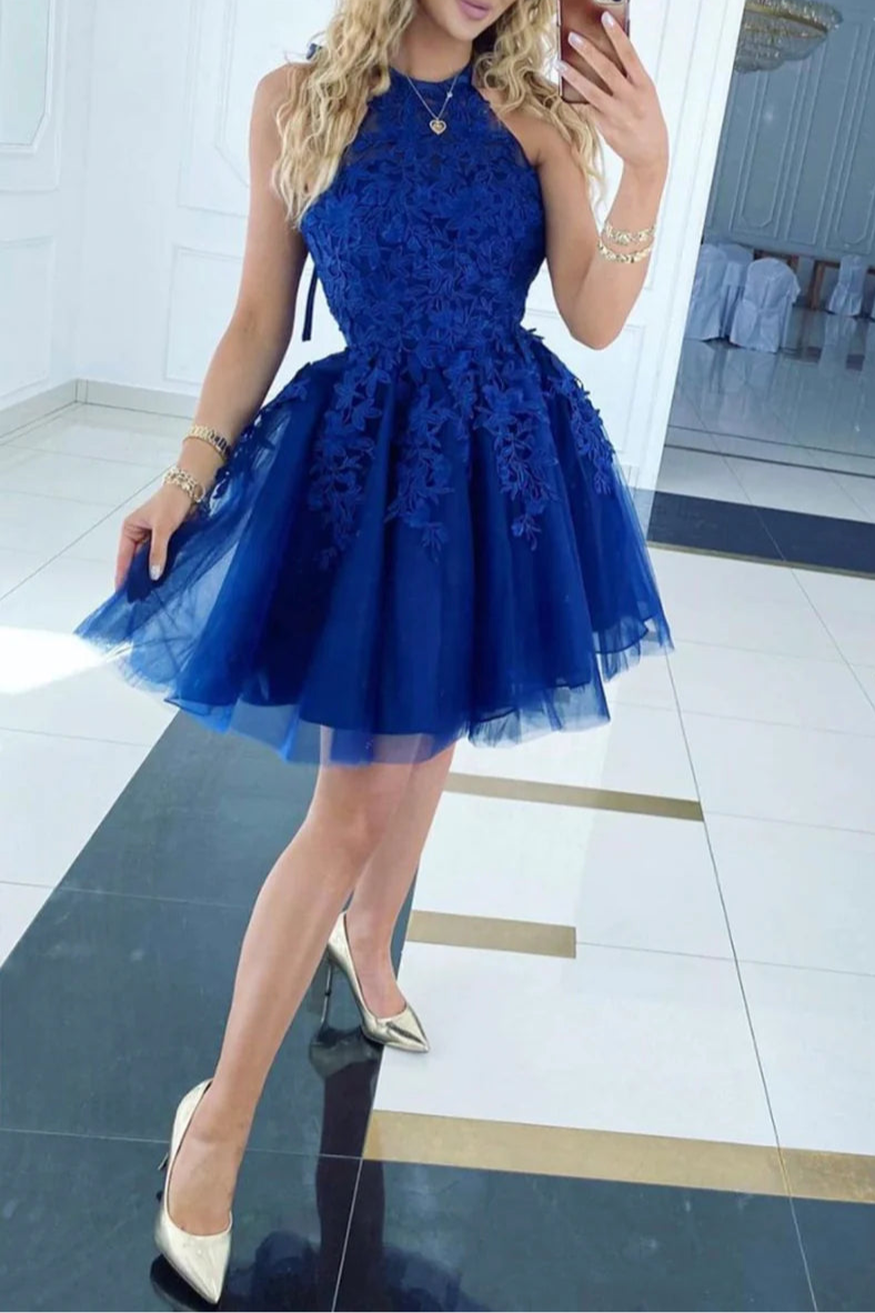 Pretty Blue Lace Tulle With Applique Short Prom Dresses A-Line Homecoming Party Dresses