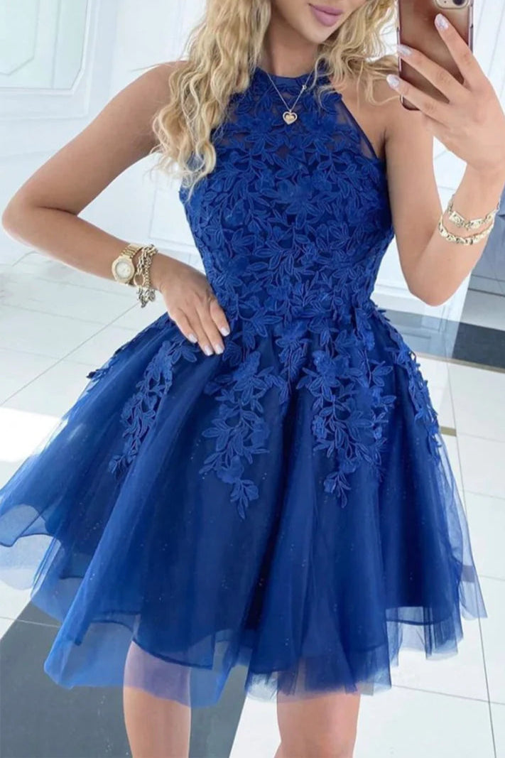 Pretty Blue Lace Tulle With Applique Short Prom Dresses A-Line Homecoming Party Dresses