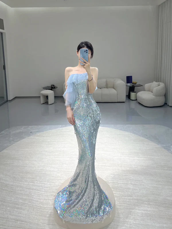 Pretty Blue Sequin Strapless Sleeveless Mermaid Long Prom Dresses Charming Evening Dresses With Sweep Train