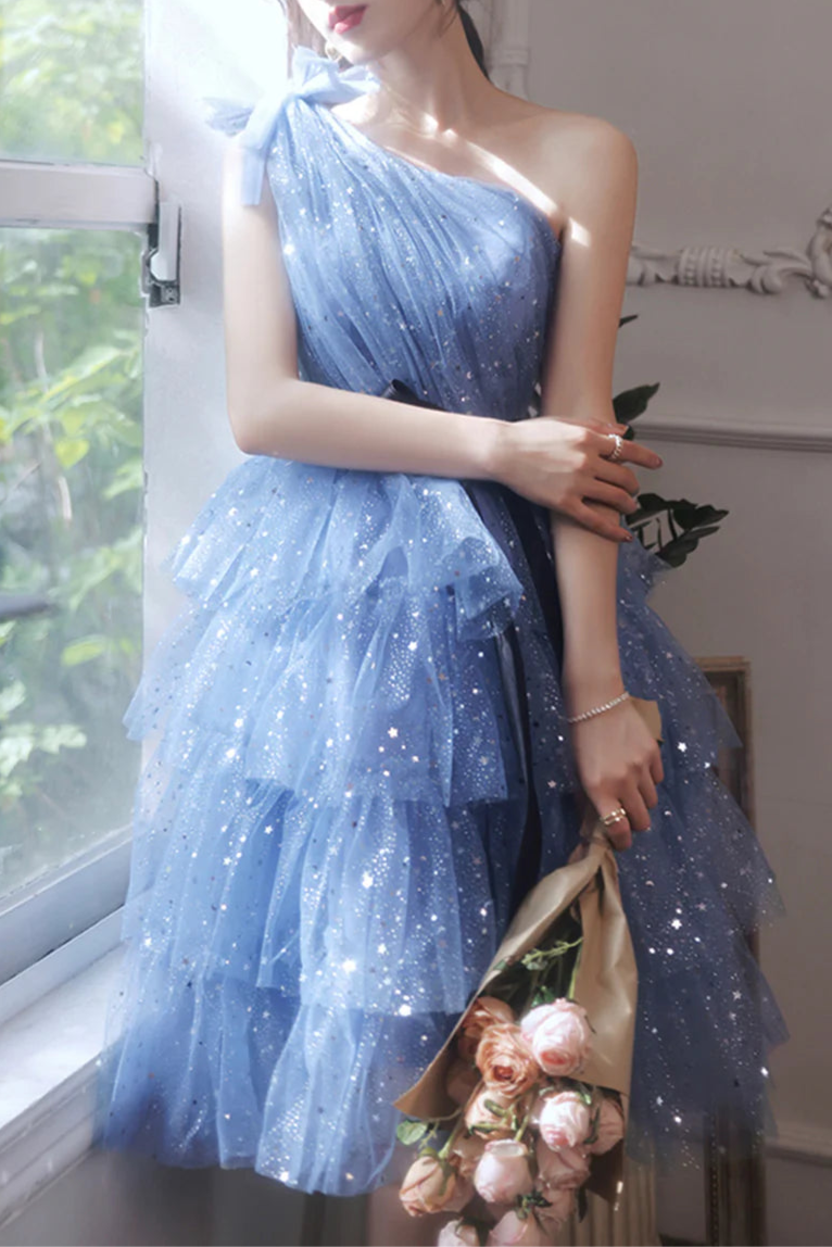 Pretty Blue Sequins Tulle Pleated Tiered Short Prom Dresses One Shoulder Homecoming Dresses