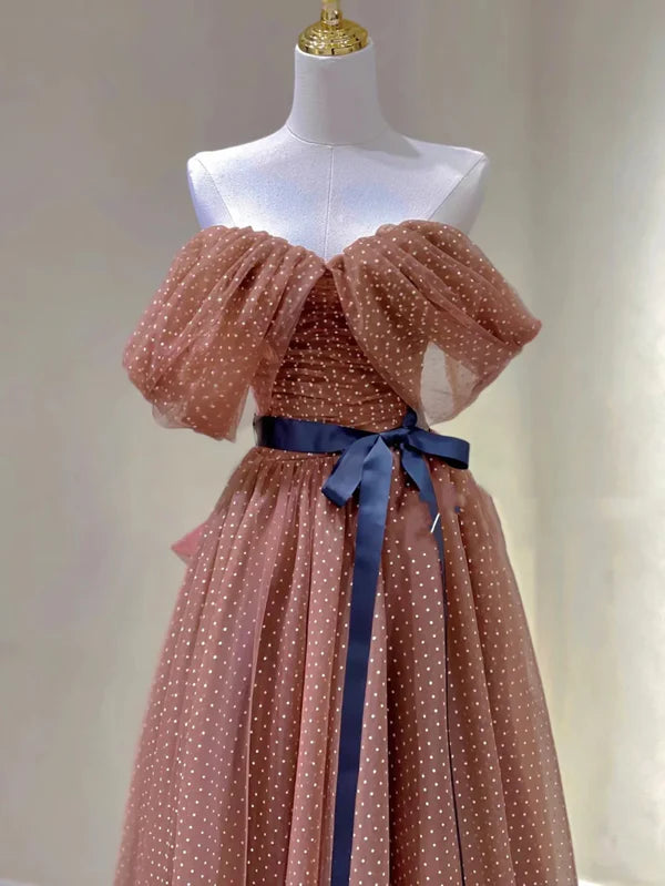 Pretty Brown Tulle Off The Shoulder A line Long Prom Dresses Low Cost Brown Party Dresses Evening Dresses