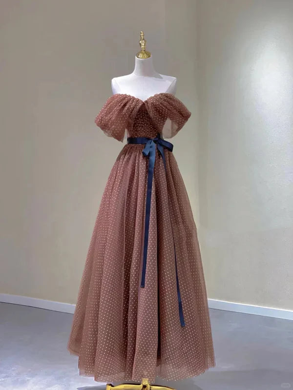 Pretty Brown Tulle Off The Shoulder A line Long Prom Dresses Low Cost Brown Party Dresses Evening Dresses