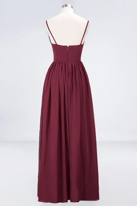 Pretty Burgundy Chiffon Deep V-Neck Spaghetti Straps Slit Long Bridesmaid Dress With Rhinestones