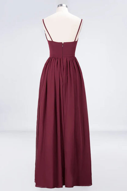 Pretty Burgundy Chiffon Deep V-Neck Spaghetti Straps Slit Long Bridesmaid Dress With Rhinestones