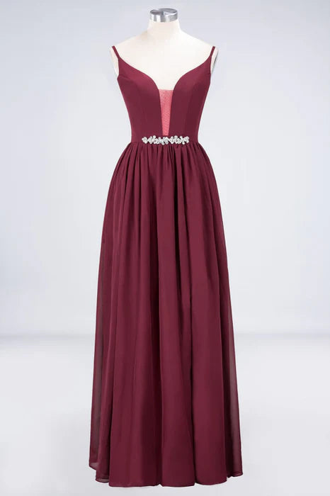 Pretty Burgundy Chiffon Deep V-Neck Spaghetti Straps Slit Long Bridesmaid Dress With Rhinestones