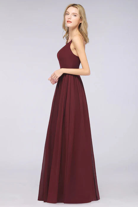 Pretty Burgundy Chiffon Deep V-Neck Spaghetti Straps Slit Long Bridesmaid Dress With Rhinestones