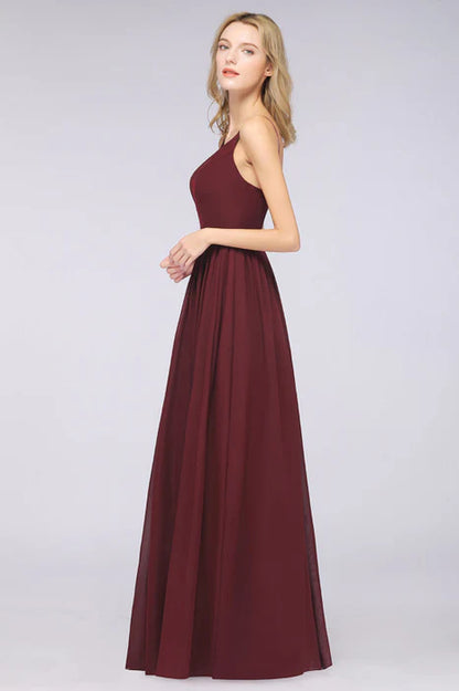 Pretty Burgundy Chiffon Deep V-Neck Spaghetti Straps Slit Long Bridesmaid Dress With Rhinestones