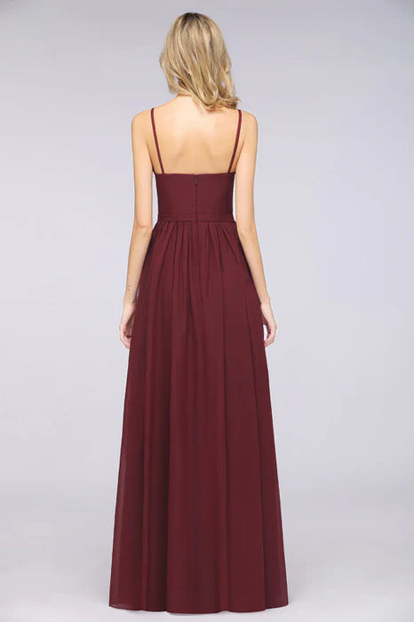 Pretty Burgundy Chiffon Deep V-Neck Spaghetti Straps Slit Long Bridesmaid Dress With Rhinestones