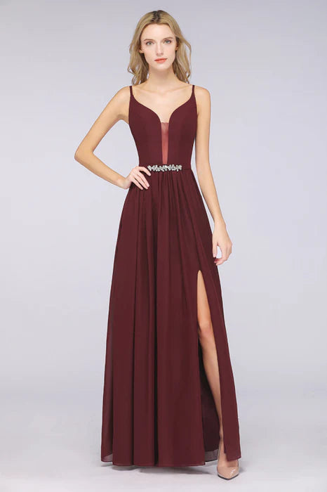Pretty Burgundy Chiffon Deep V-Neck Spaghetti Straps Slit Long Bridesmaid Dress With Rhinestones