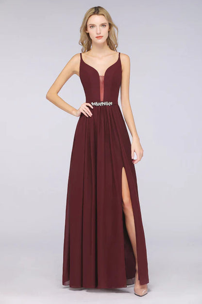 Pretty Burgundy Chiffon Deep V-Neck Spaghetti Straps Slit Long Bridesmaid Dress With Rhinestones