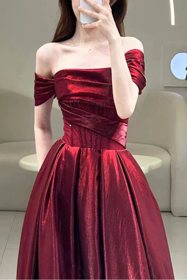 Pretty Burgundy Satin Beaded Off Shoulder Floor Length Prom Dress Beautiful A-Line Party Dress