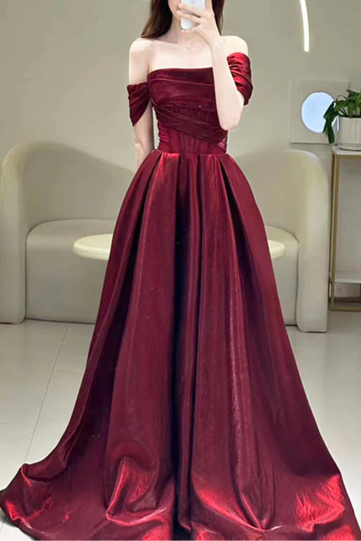 Pretty Burgundy Satin Beaded Off Shoulder Floor Length Prom Dress Beautiful A-Line Party Dress