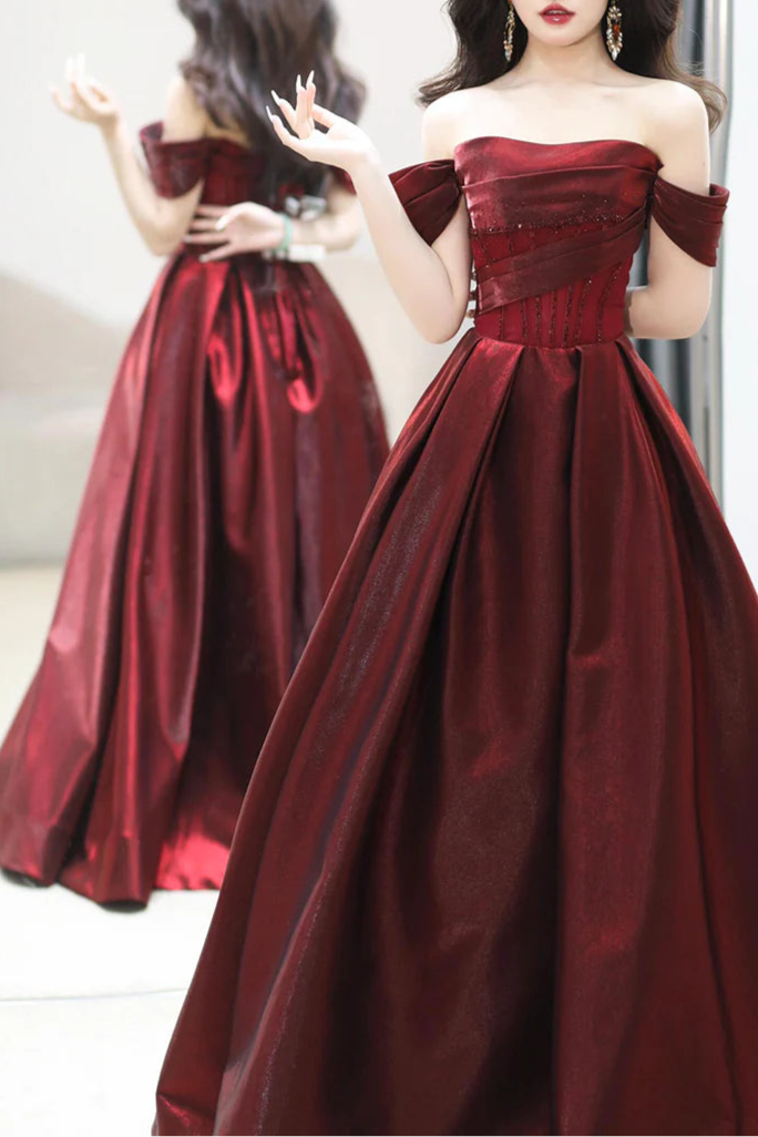 Pretty Burgundy Satin Beaded Off Shoulder Floor Length Prom Dress Beautiful A-Line Party Dress