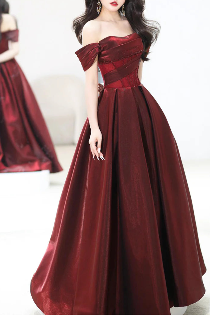 Pretty Burgundy Satin Beaded Off Shoulder Floor Length Prom Dress Beautiful A-Line Party Dress