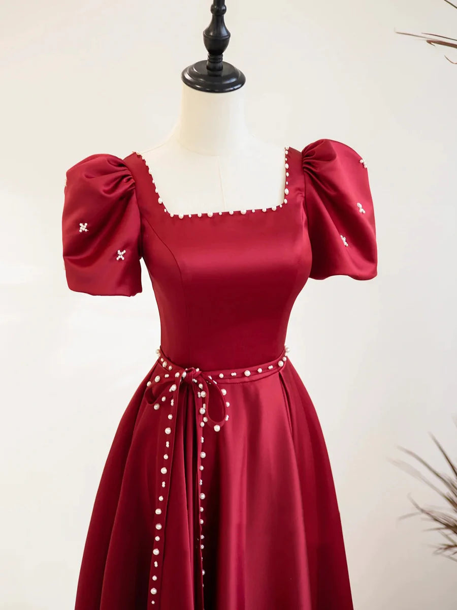 Pretty Burgundy Satin Short Sleeve Floor Length Prom Dress Burgundy A-Line Evening Dress With Pearls