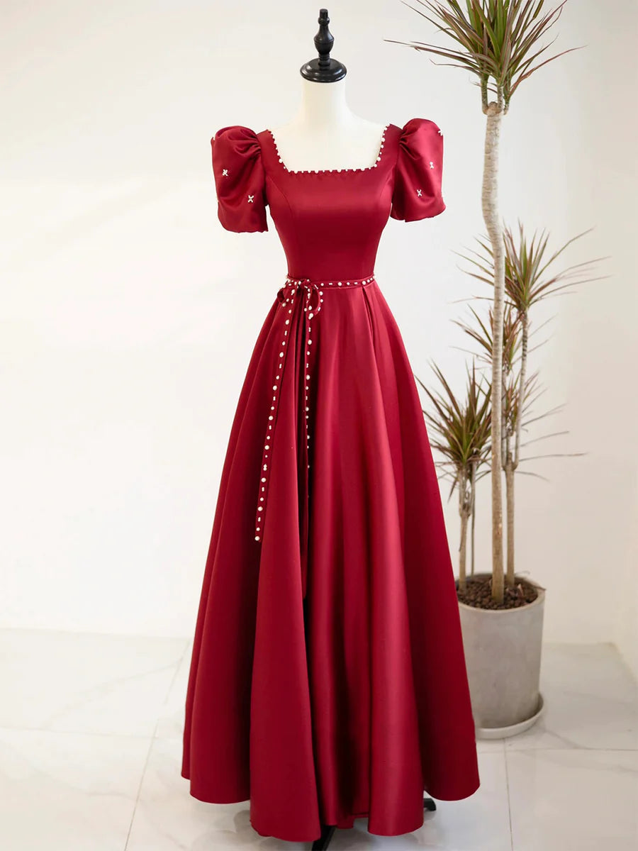 Pretty Burgundy Satin Short Sleeve Floor Length Prom Dress Burgundy A-Line Evening Dress With Pearls