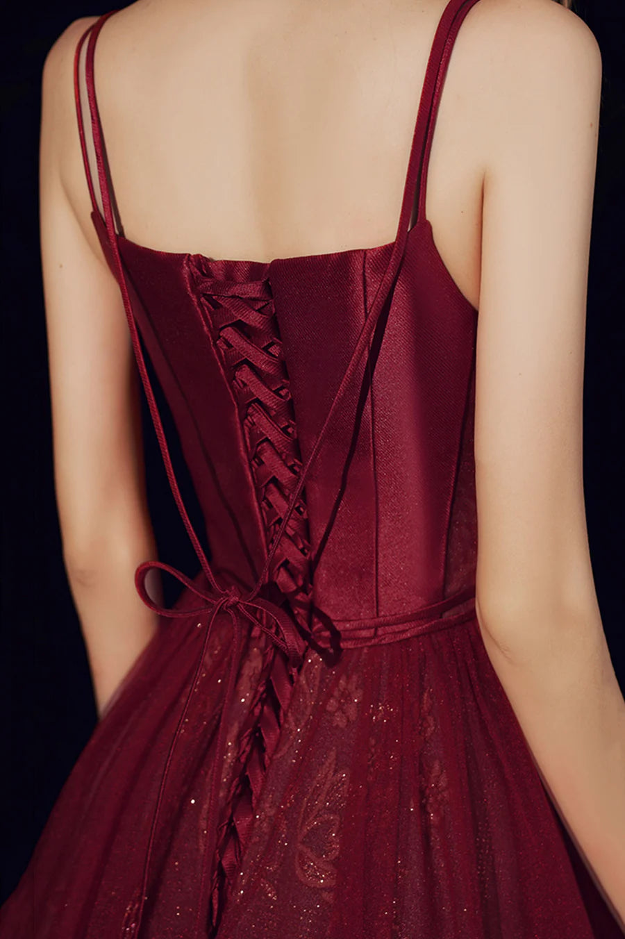 Pretty Burgundy Satin Tulle Spaghetti Straps Long Prom Dress A-Line Formal Homecoming Dress