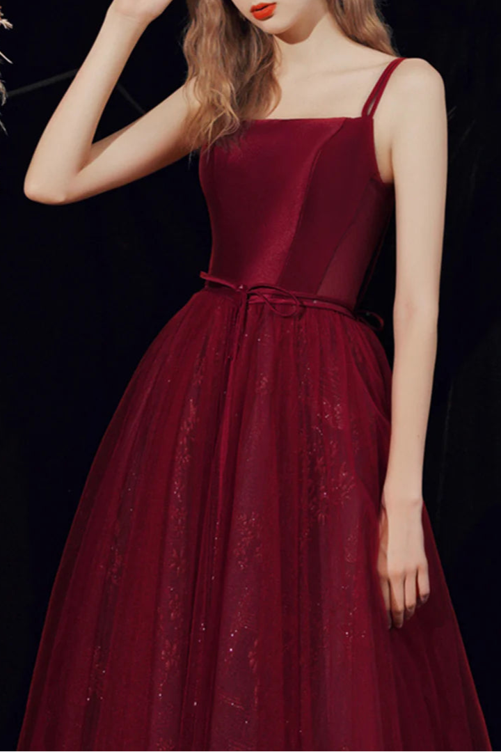 Pretty Burgundy Satin Tulle Spaghetti Straps Long Prom Dress A-Line Formal Homecoming Dress