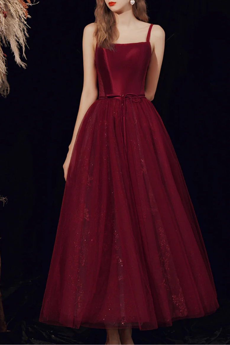 Pretty Burgundy Satin Tulle Spaghetti Straps Long Prom Dress A-Line Formal Homecoming Dress