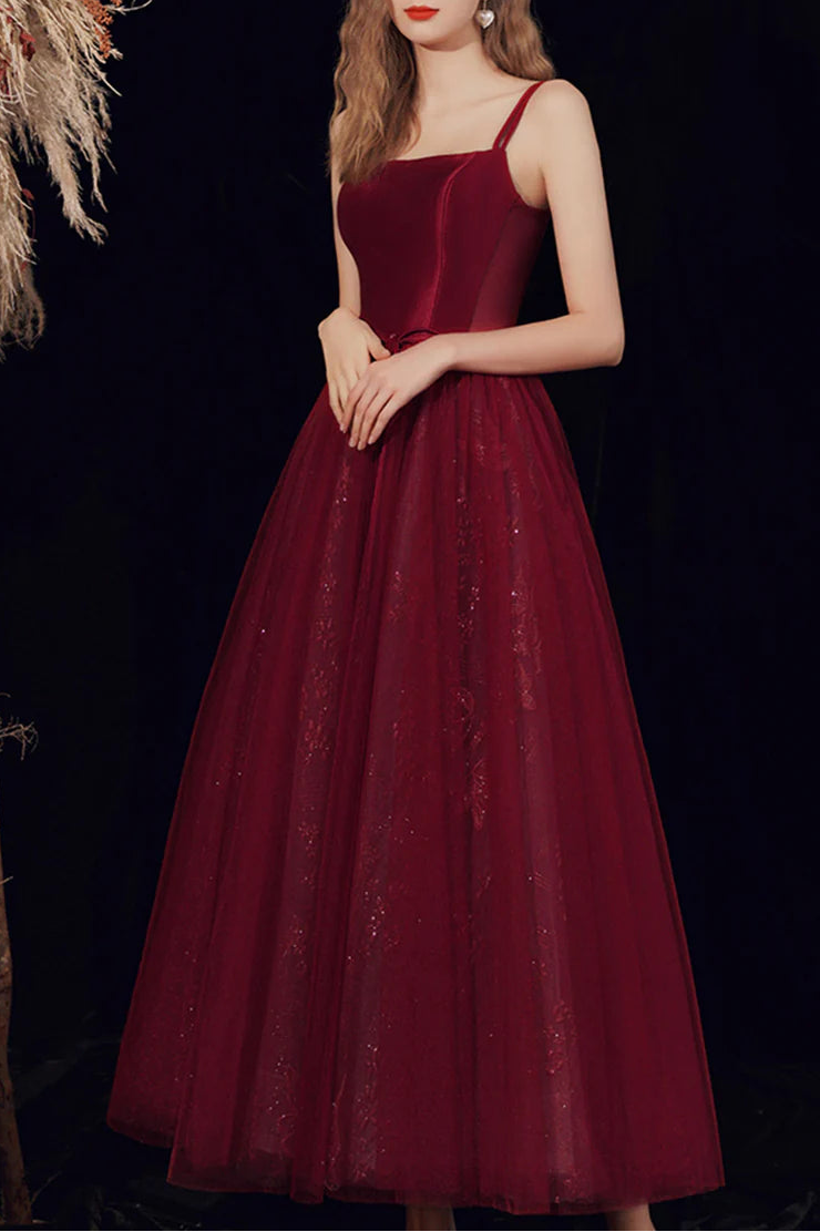 Pretty Burgundy Satin Tulle Spaghetti Straps Long Prom Dress A-Line Formal Homecoming Dress