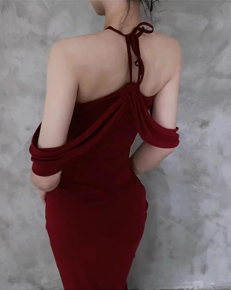 Pretty Burgundy Sheath Halter Neck Rose Long Evening Dresses Prom Dresses Birthday Dress