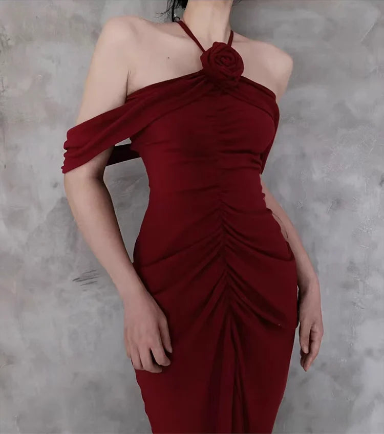 Pretty Burgundy Sheath Halter Neck Rose Long Evening Dresses Prom Dresses Birthday Dress