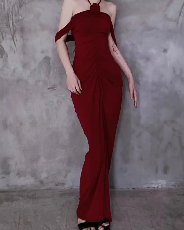 Pretty Burgundy Sheath Halter Neck Rose Long Evening Dresses Prom Dresses Birthday Dress