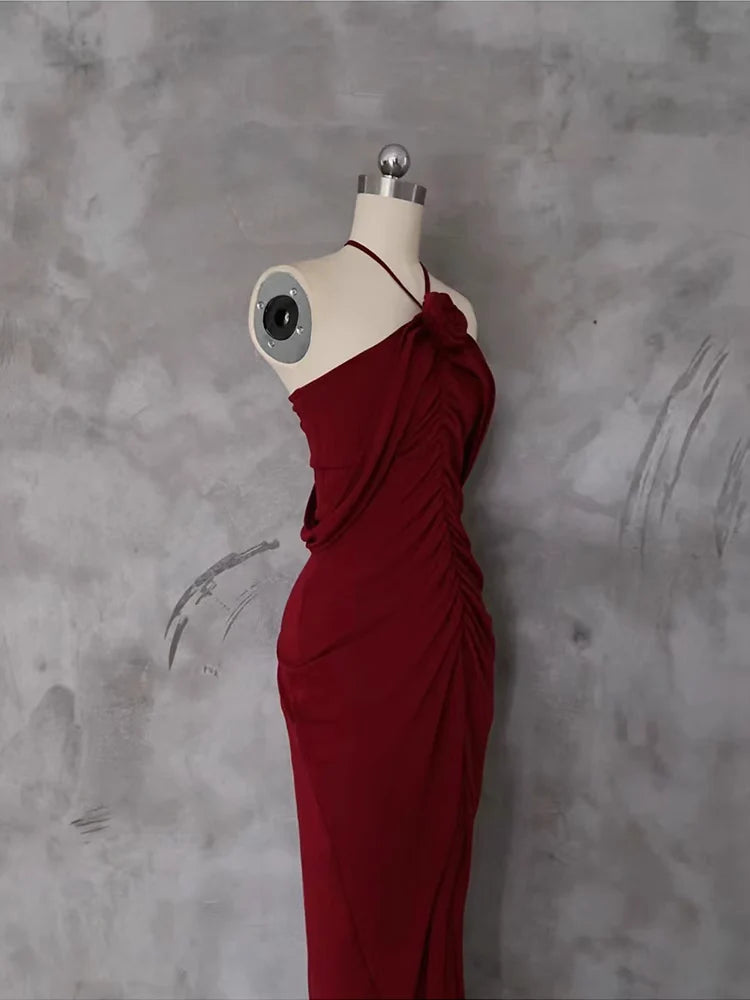 Pretty Burgundy Sheath Halter Neck Rose Long Evening Dresses Prom Dresses Birthday Dress