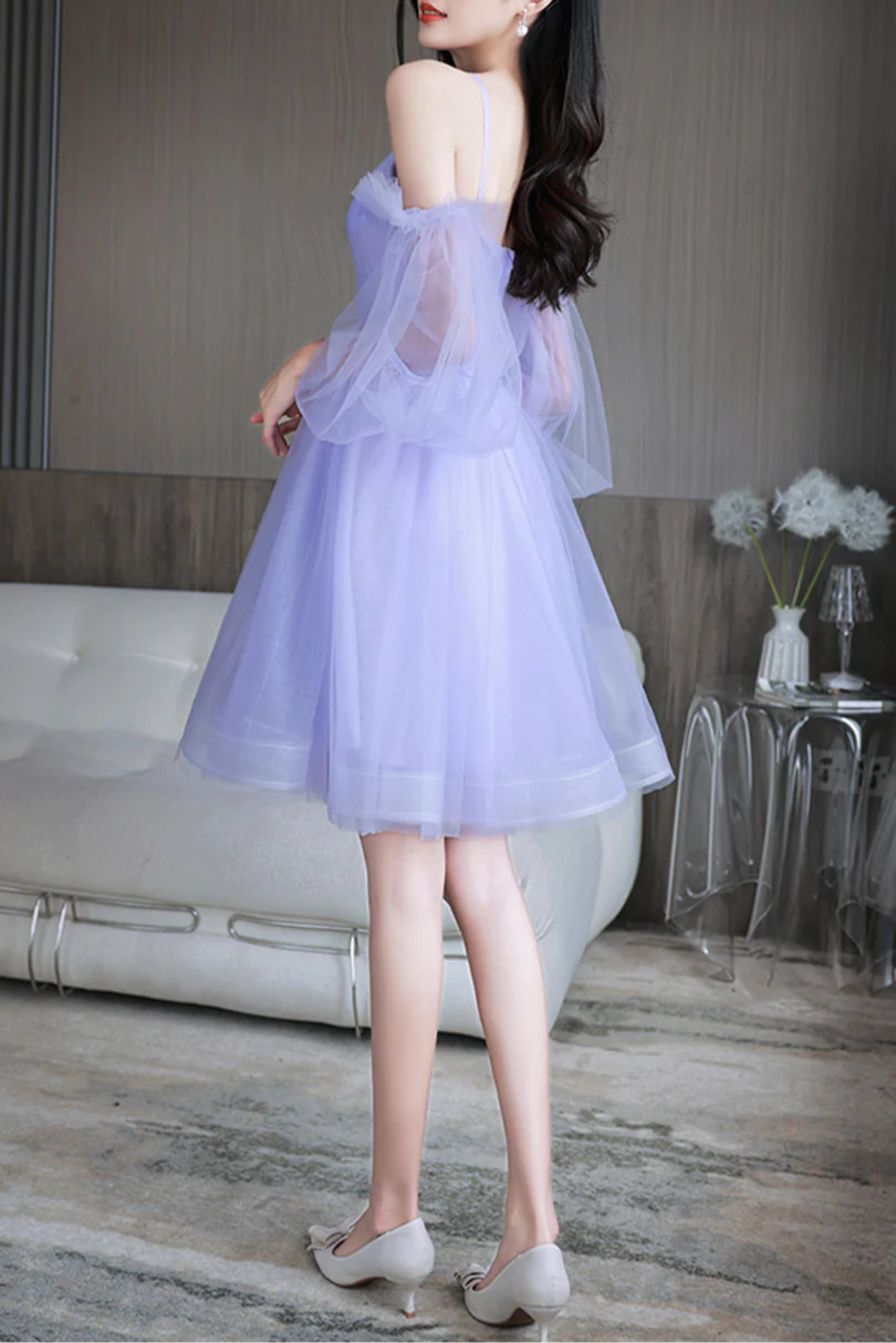 Pretty Burgundy Tulle Spaghetti Straps Puff Sleeve Short Prom Dresses A-Line Homecoming Dresses