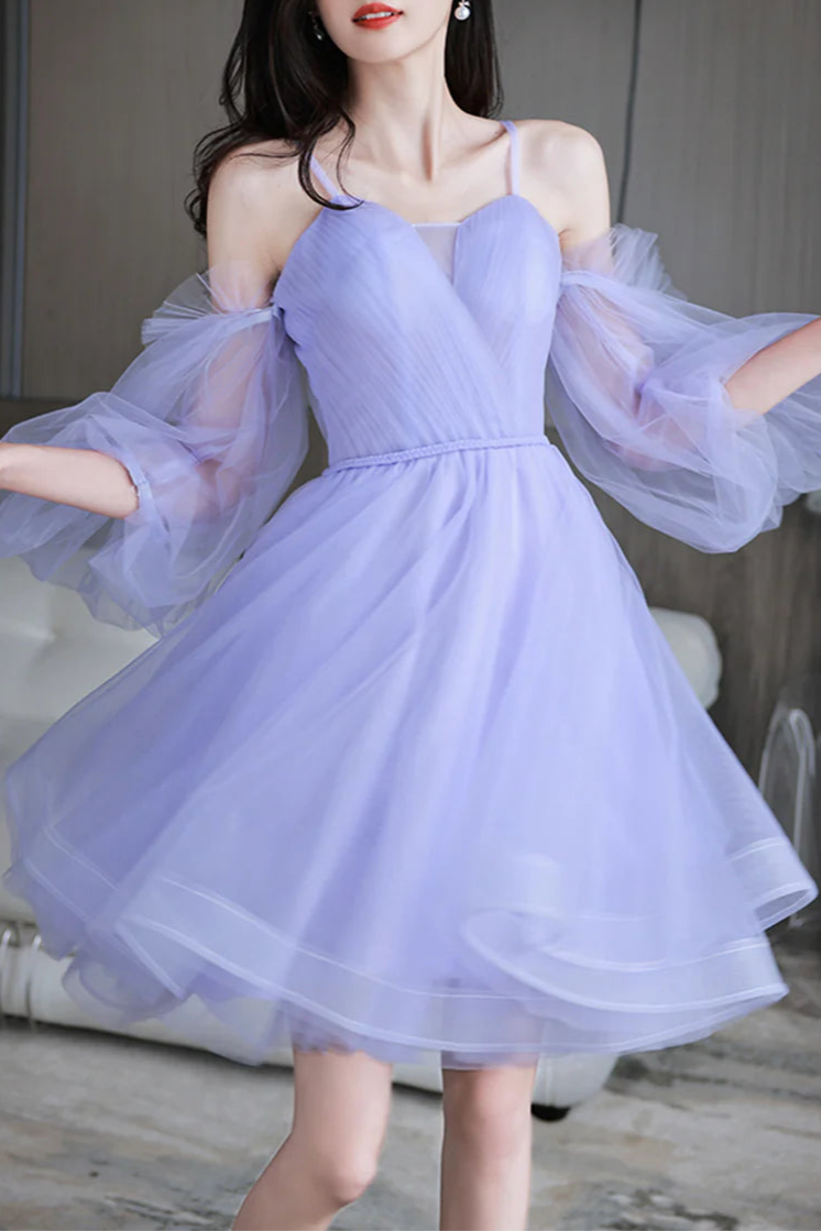 Pretty Burgundy Tulle Spaghetti Straps Puff Sleeve Short Prom Dresses A-Line Homecoming Dresses