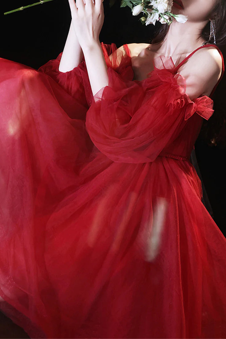 Pretty Burgundy Tulle Spaghetti Straps Puff Sleeve Short Prom Dresses A-Line Homecoming Dresses