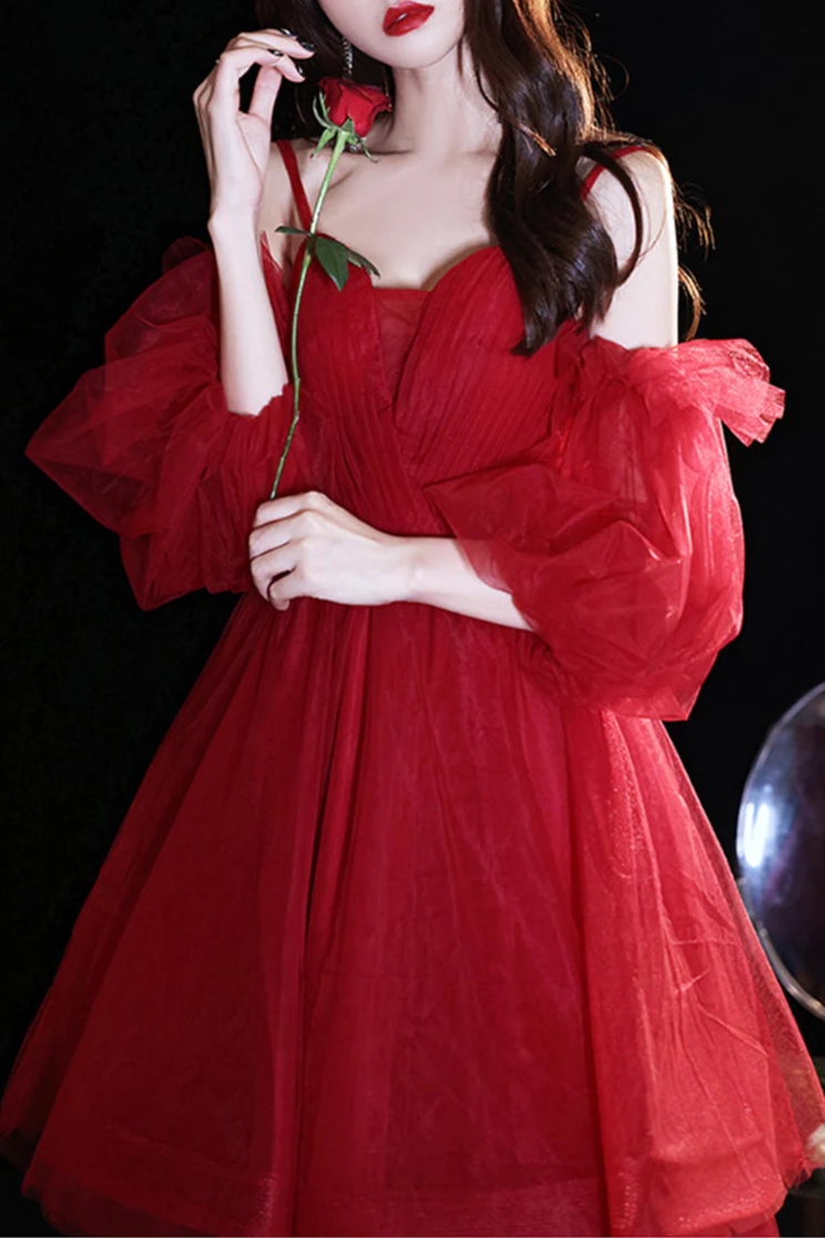 Pretty Burgundy Tulle Spaghetti Straps Puff Sleeve Short Prom Dresses A-Line Homecoming Dresses