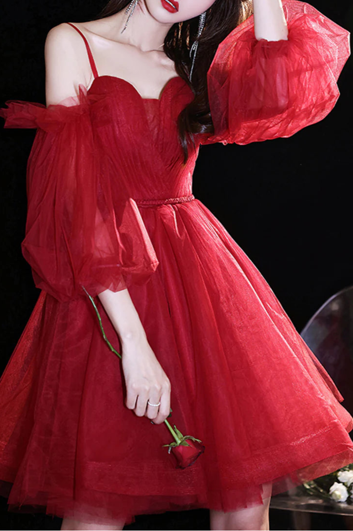 Pretty Burgundy Tulle Spaghetti Straps Puff Sleeve Short Prom Dresses A-Line Homecoming Dresses