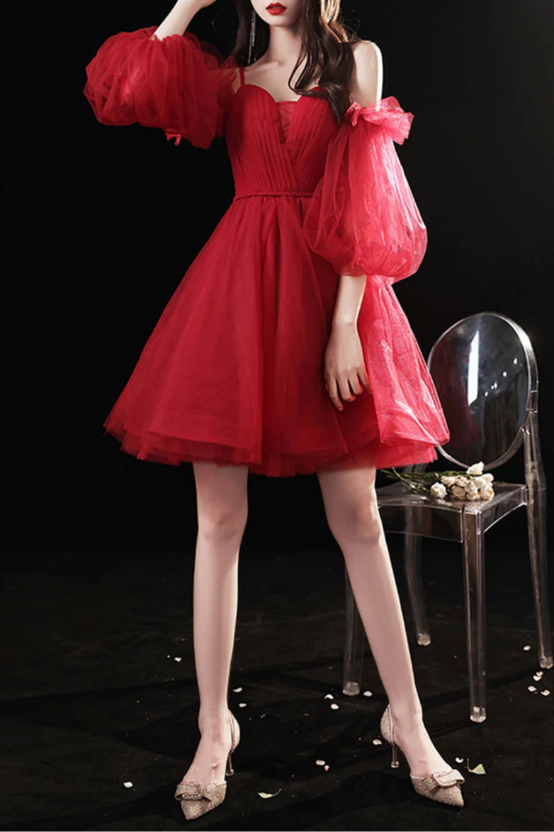Pretty Burgundy Tulle Spaghetti Straps Puff Sleeve Short Prom Dresses A-Line Homecoming Dresses
