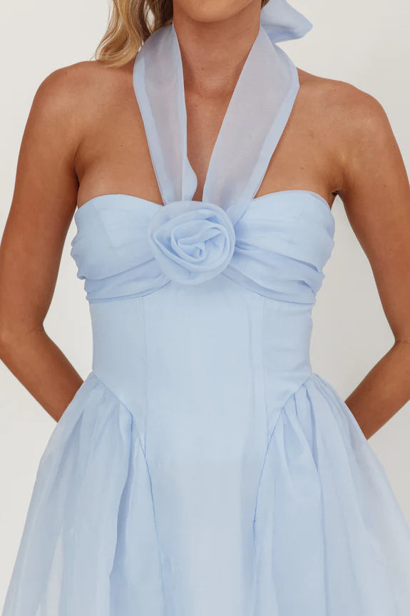 Pretty Casual Halter Neck Rose Bust Blue Midi Homecoming Dress Prom Dress