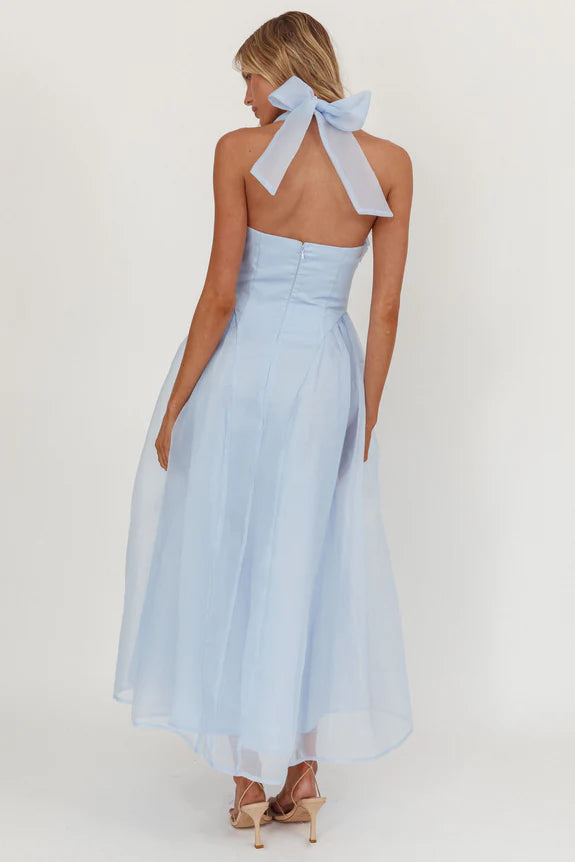 Pretty Casual Halter Neck Rose Bust Blue Midi Homecoming Dress Prom Dress