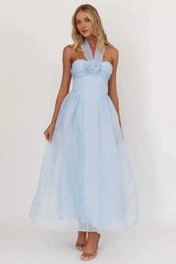 Pretty Casual Halter Neck Rose Bust Blue Midi Homecoming Dress Prom Dress