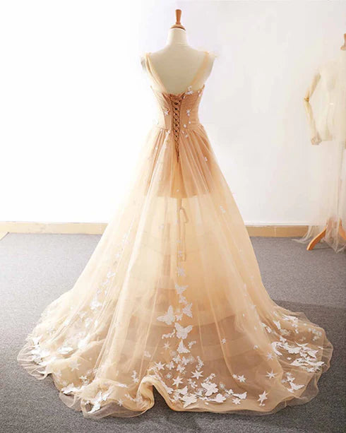 Pretty Champagne Tulle Lace With Applique Straps Party Dress Homecoming Dresses