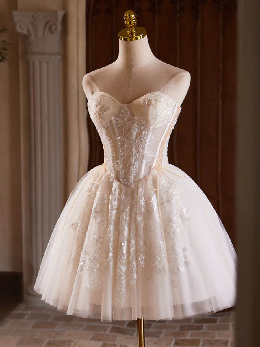 Pretty Champagne Tulle Sequins With Beaded Strapless Short Sweetheart Neck Homecoming Dress